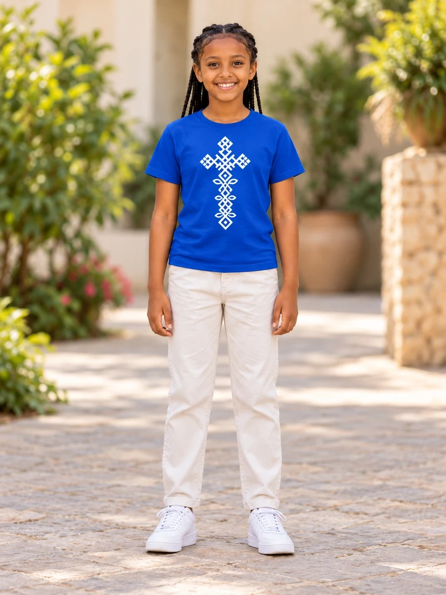 Blue White Heritage Cross Tee የሀበሻ ልብስ